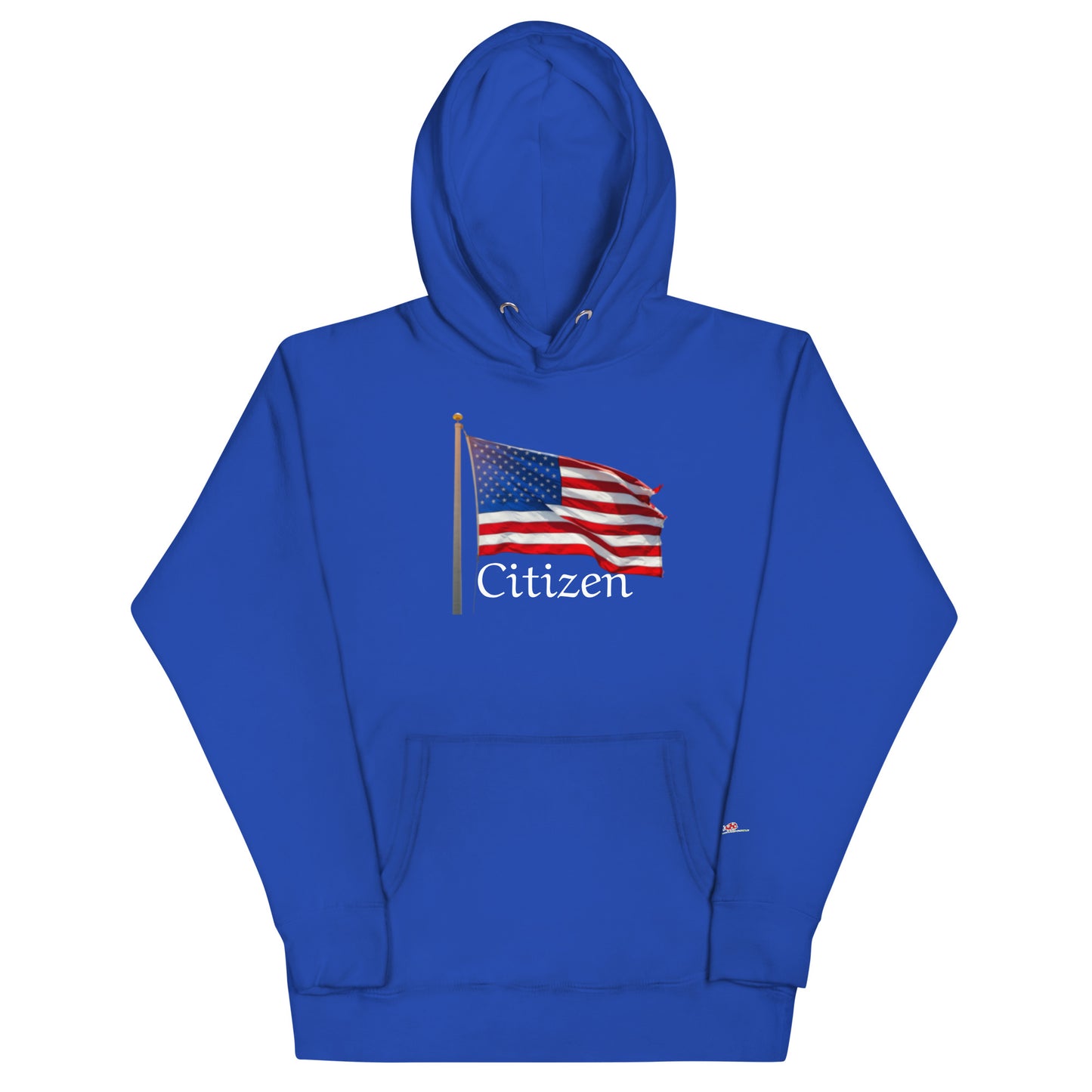 LuckeLadybug blue hoodie with American flag and Citizen text patriotic sweatshirt for adults