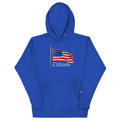 LuckeLadybug blue hoodie with American flag and Citizen text patriotic sweatshirt for adults