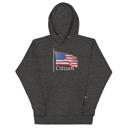 LuckeLadybug dark gray hoodie with American flag and Citizen text patriotic sweatshirt for adults
