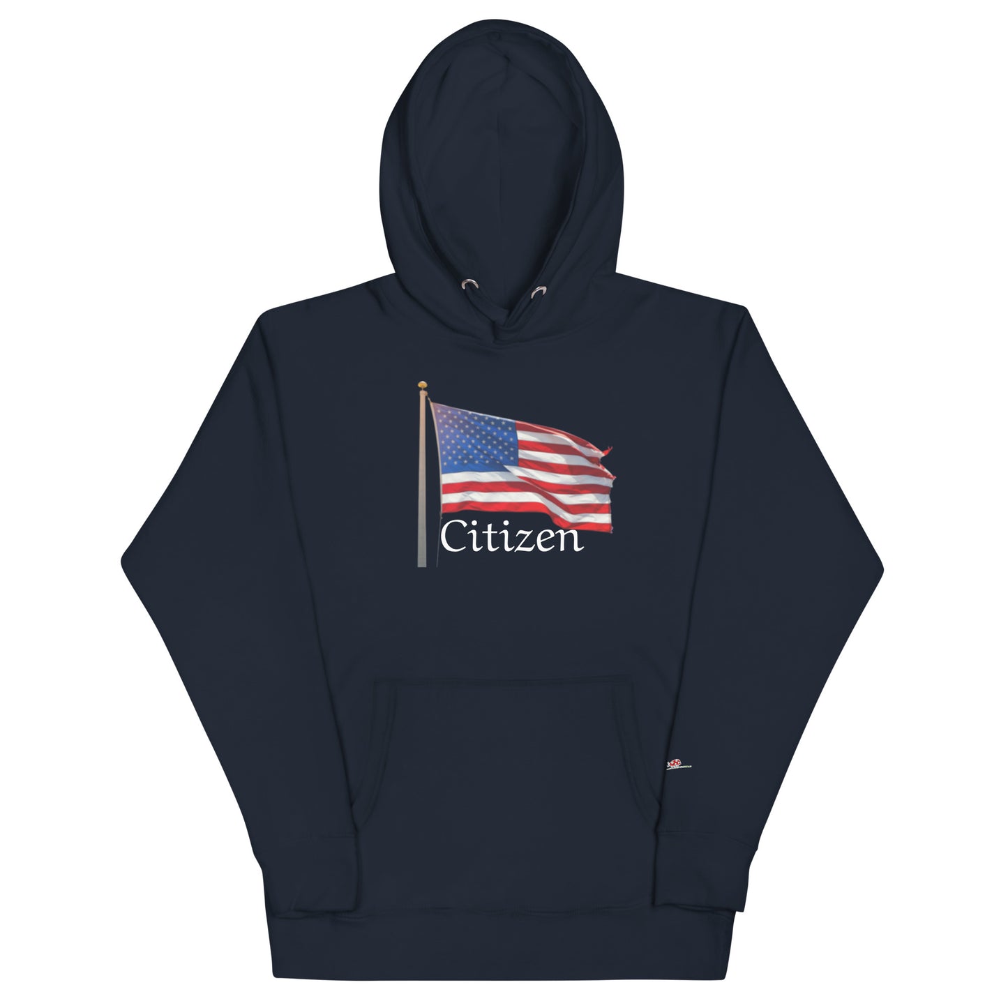 LuckeLadybug navy hoodie featuring American flag and Citizen text patriotic sweatshirt for adults