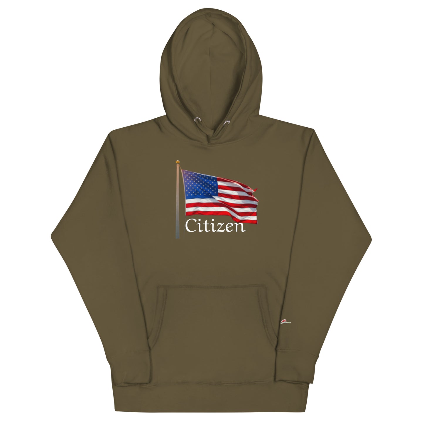 LuckeLadybug olive hoodie with American flag and Citizen text patriotic sweatshirt for adults