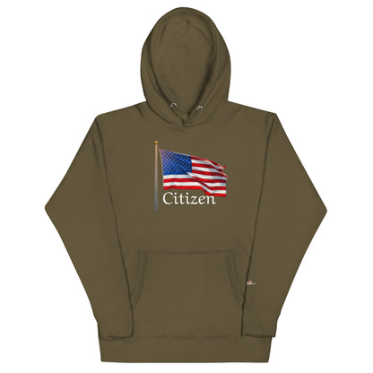 LuckeLadybug olive hoodie with American flag and Citizen text patriotic sweatshirt for adults