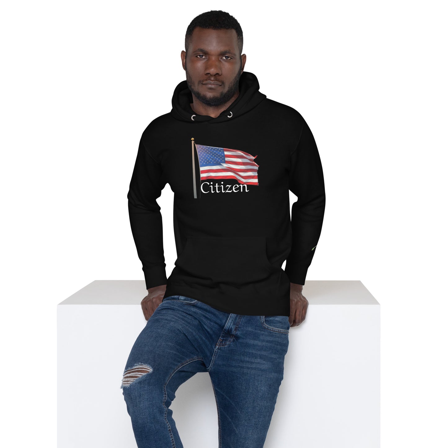  black hoodie with American flag and Citizen text patriotic sweatshirt for adults