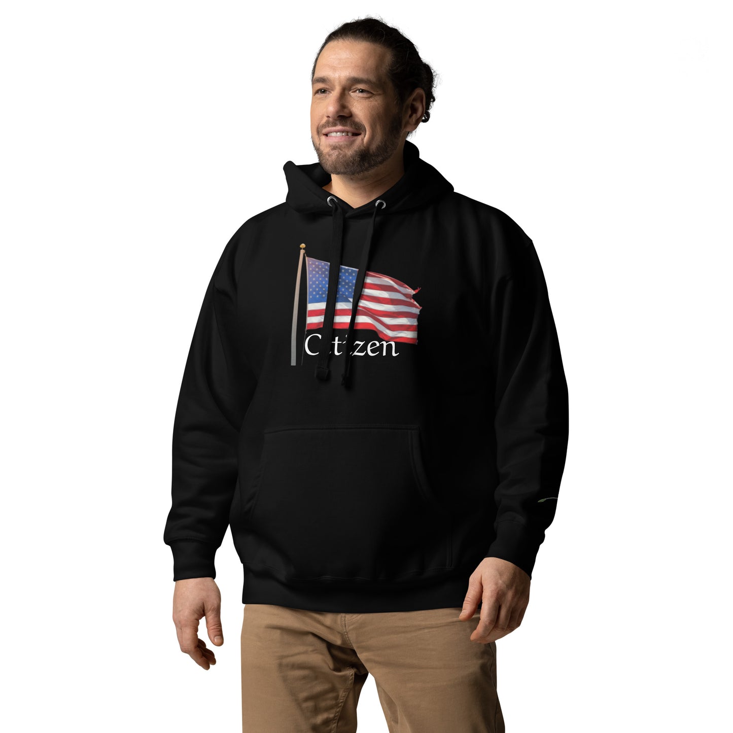 LuckeLadybug black hoodie with American flag and citizen text patriotic sweatshirt for adults