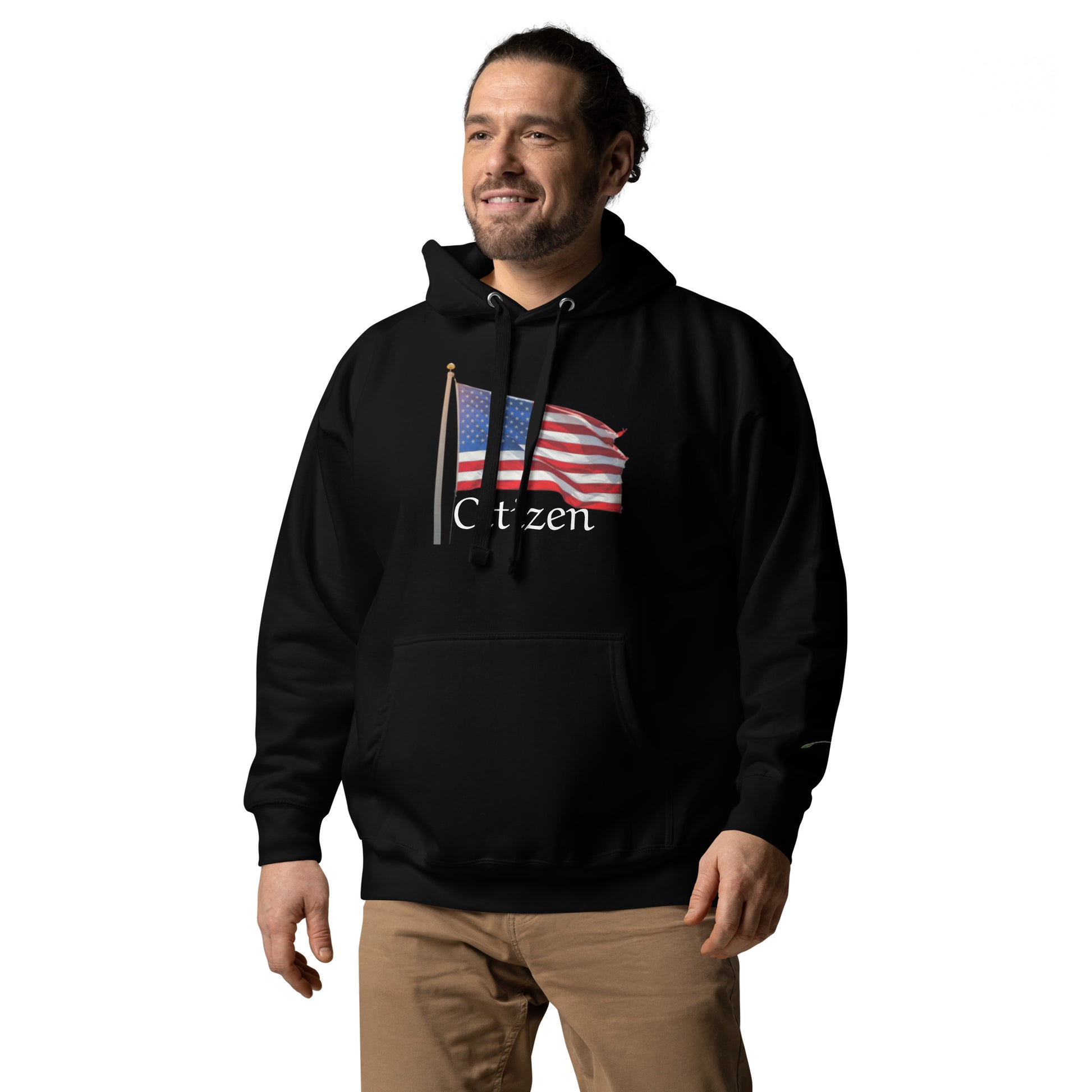 LuckeLadybug black hoodie with American flag and citizen text patriotic sweatshirt for adults