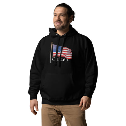 LuckeLadybug black hoodie with American flag and citizen text patriotic sweatshirt for adults