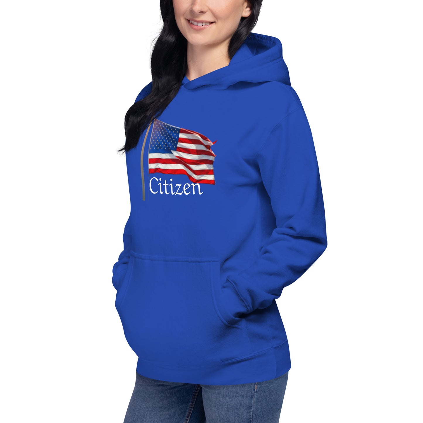 Blue hoodie with American flag and Citizen text patriotic sweatshirt for adults by LuckeLadybug