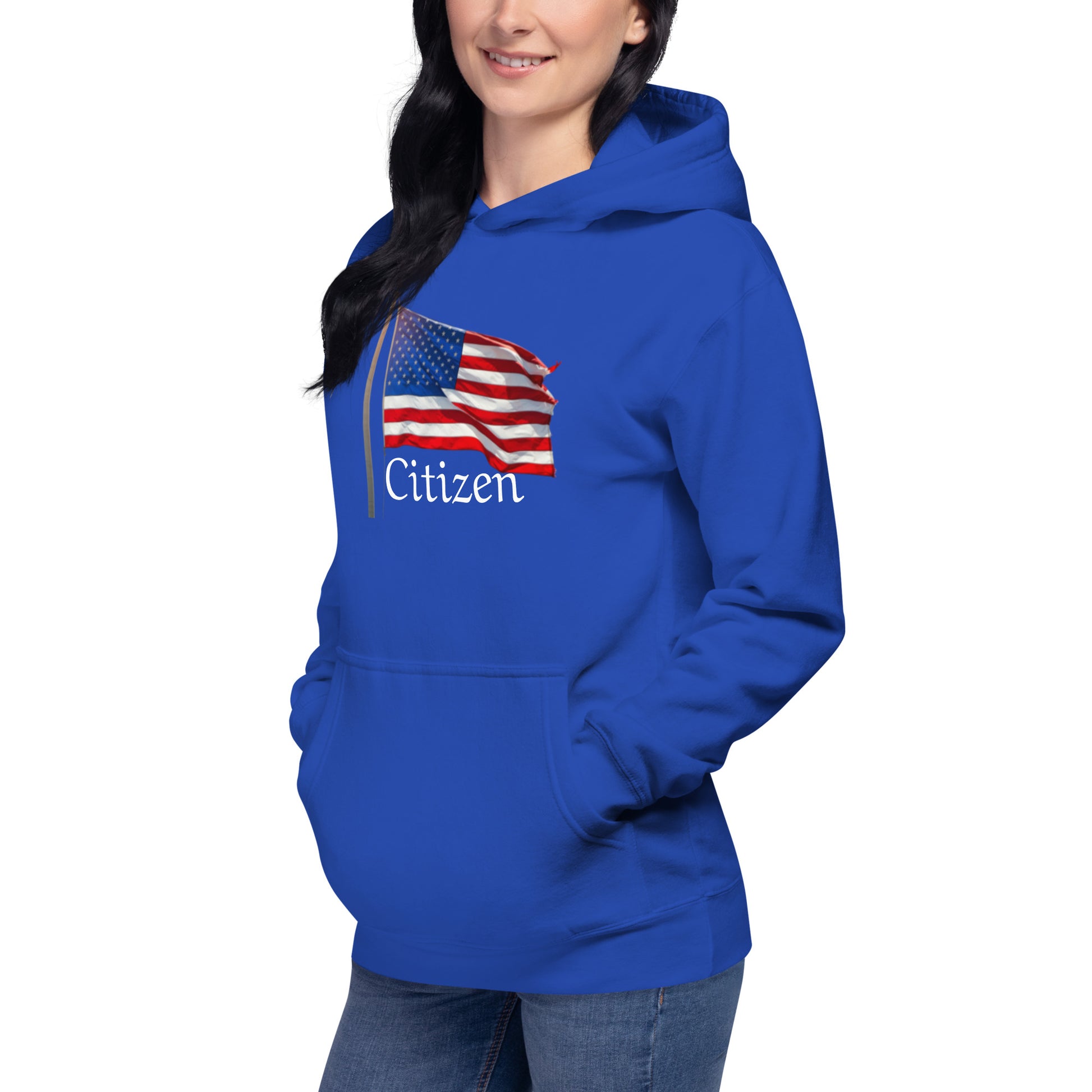 Blue hoodie with American flag and Citizen text patriotic sweatshirt for adults by LuckeLadybug
