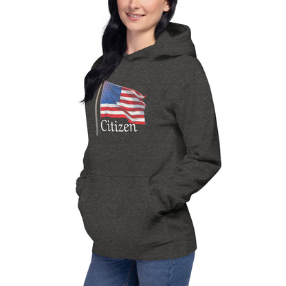 gray hoodie with American flag and Citizen text patriotic sweatshirt for adults