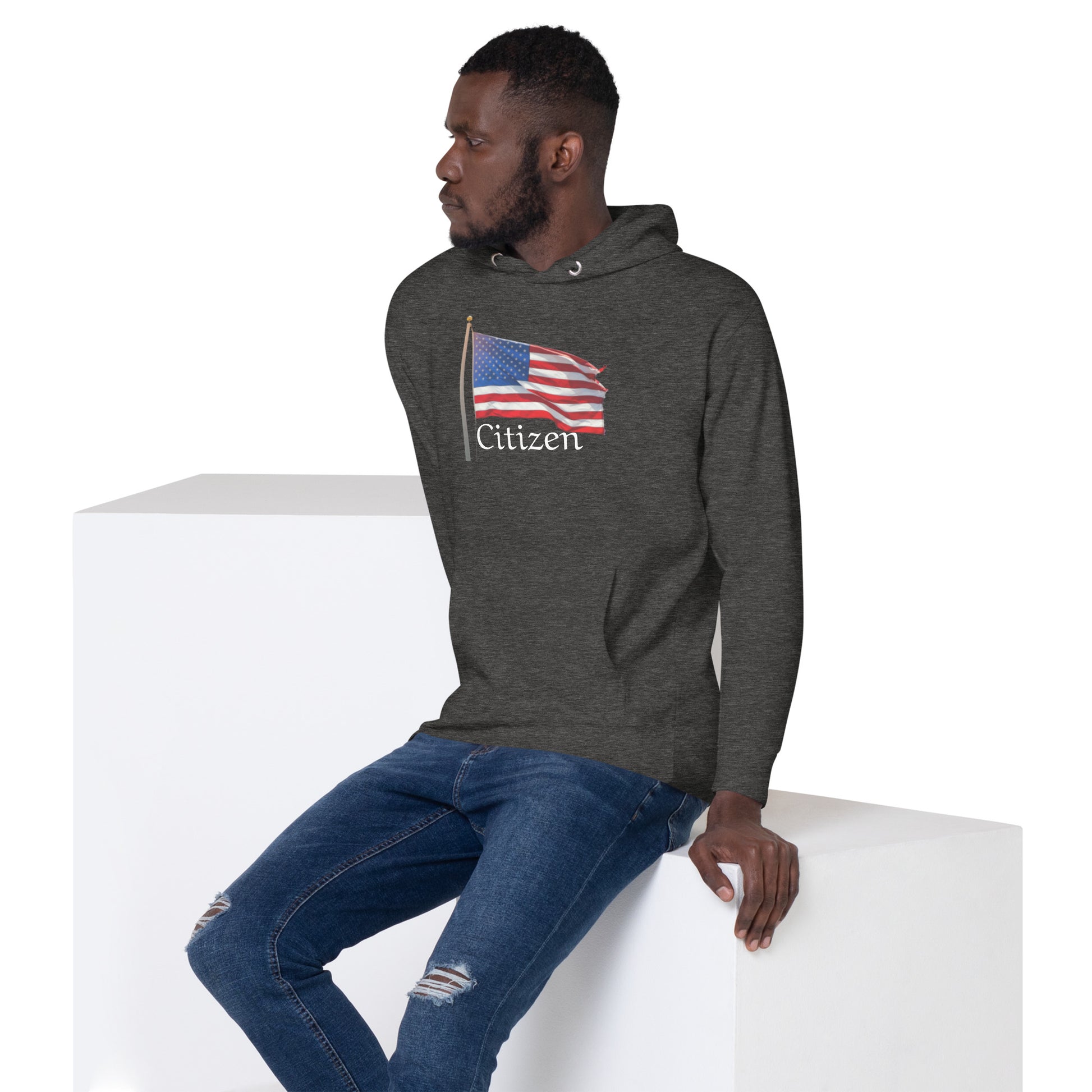 dark gray hoodie with American flag and Citizen text patriotic sweatshirt for adults