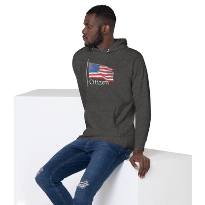 dark gray hoodie with American flag and Citizen text patriotic sweatshirt for adults