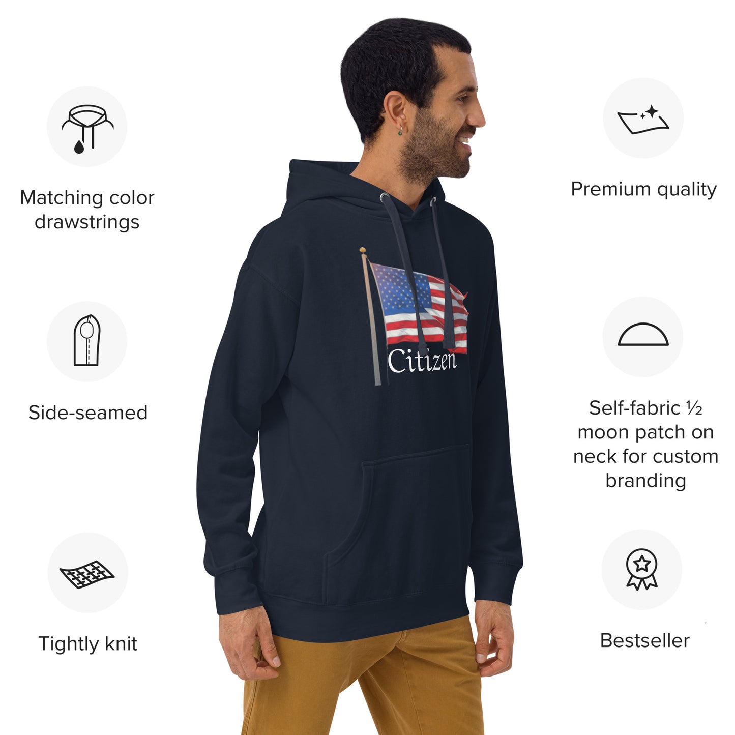 LuckeLadybug patriotic sweatshirt for adults navy hoodie with American flag and Citizen print