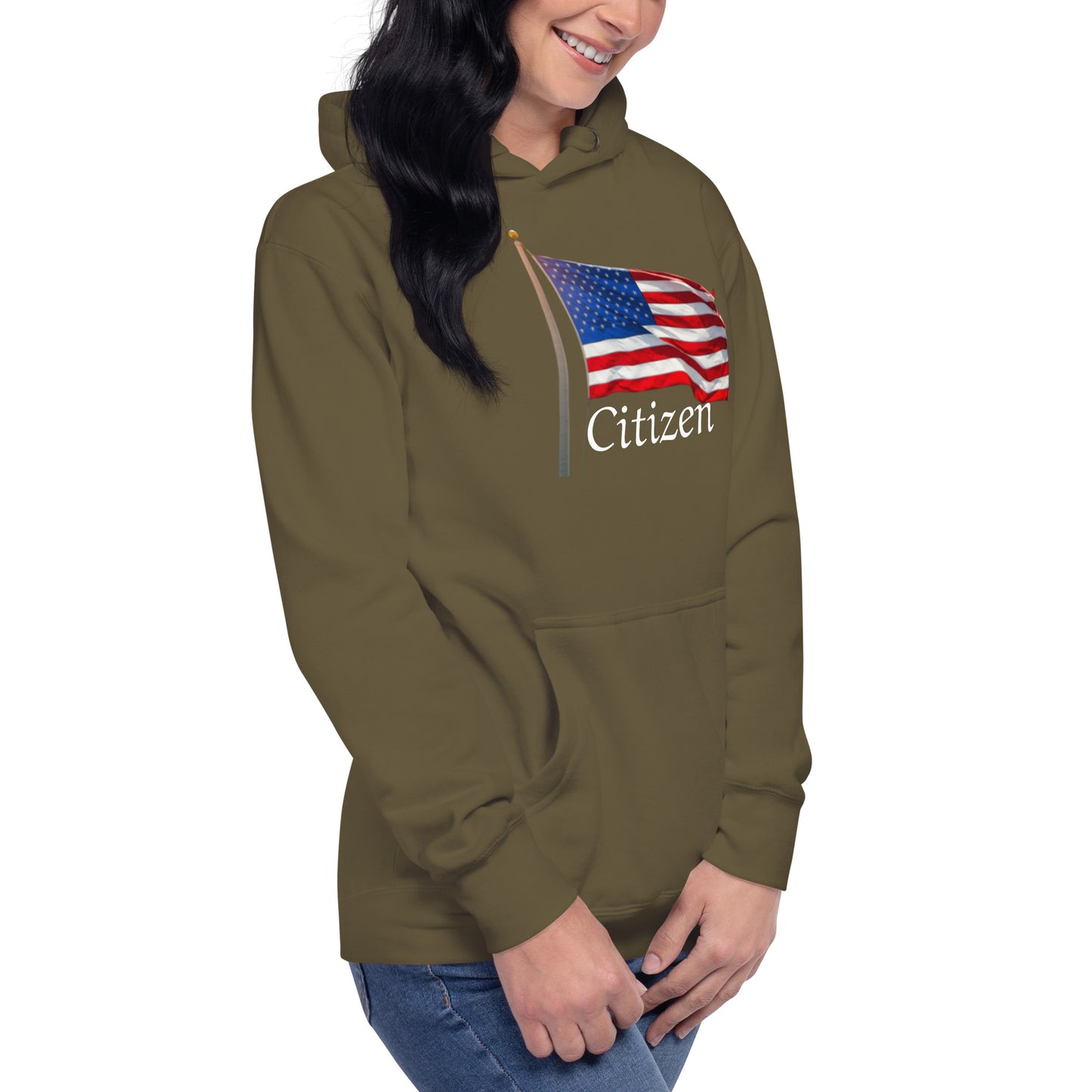 olive hoodie with American flag and Citizen text patriotic sweatshirt for adults