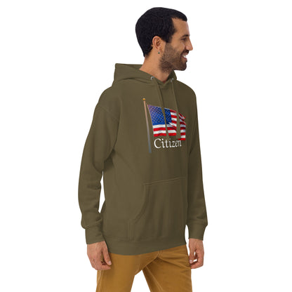 LuckeLadybug olive green hoodie with American flag design and Citizen text patriotic sweatshirt for adults