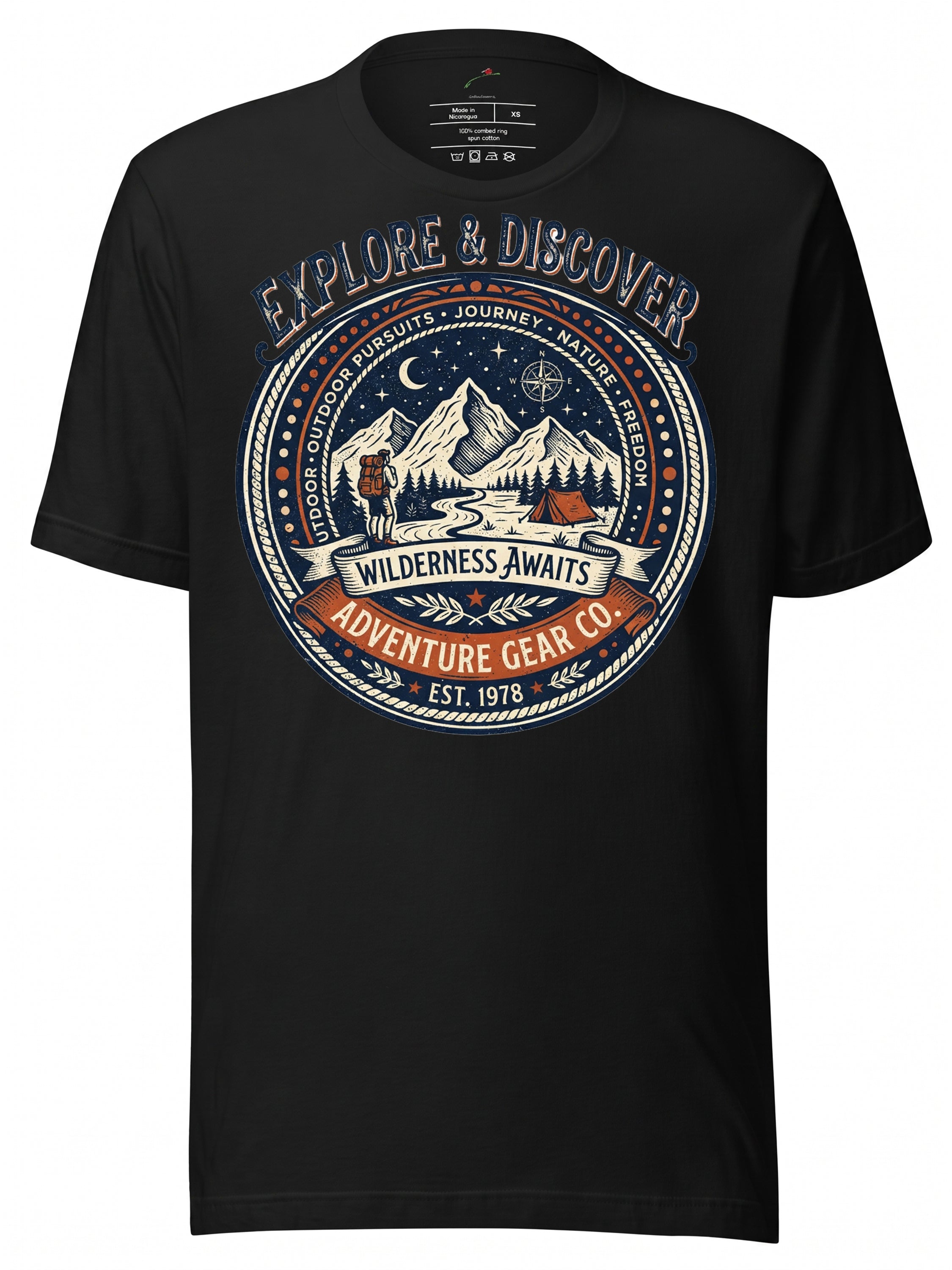 Black T-Shirt featuring Adventure Gear Co design with mountains and the phrase 'a wall street journal' for outdoor enthusiasts