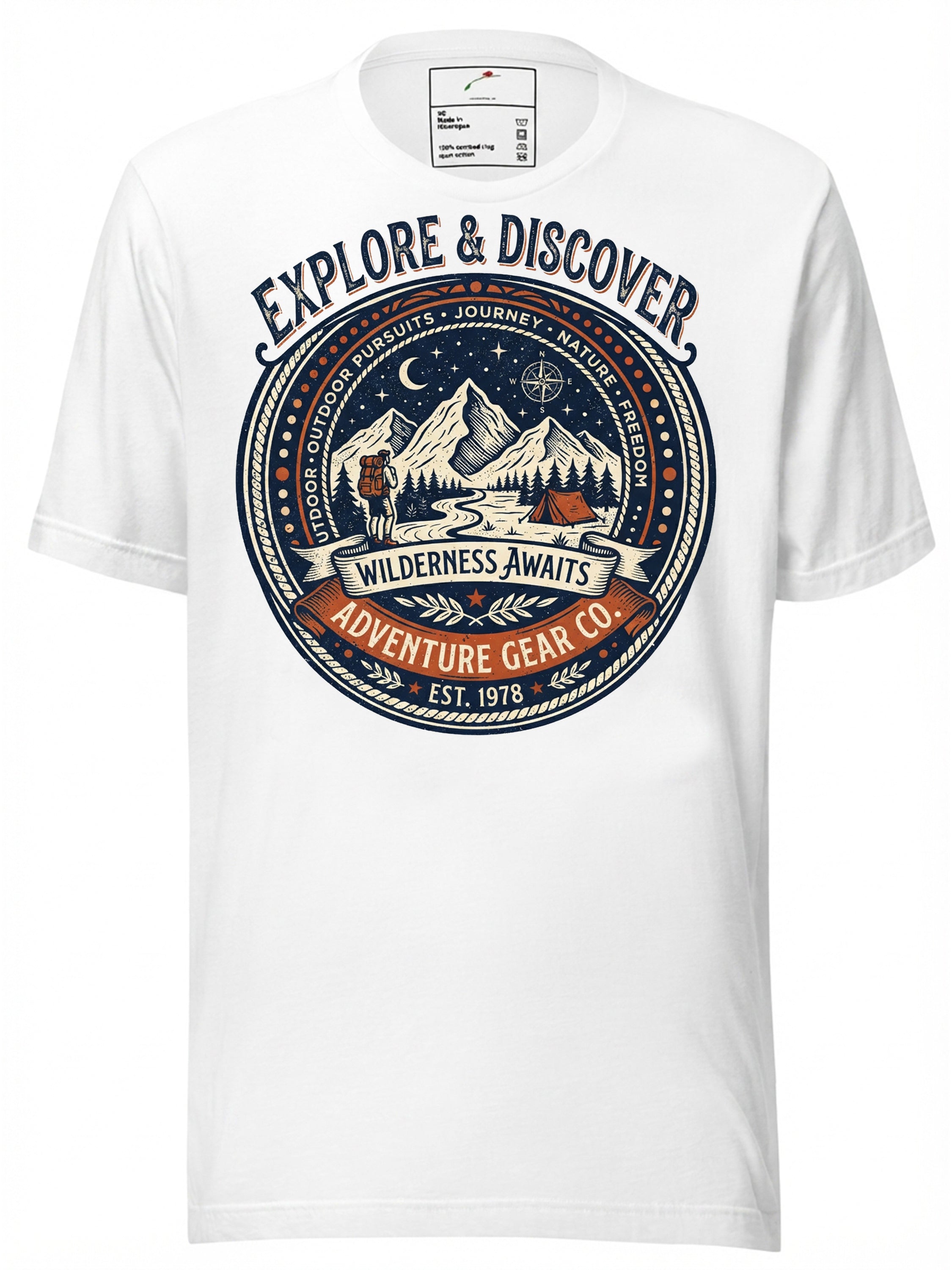 White Adventure Gear Co T-Shirt featuring Explore & Discover design with mountains, perfect for fans of a wall street journal