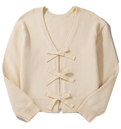 Jet Stream Bowknot Front Loose V Neck Knitted Cardigan
