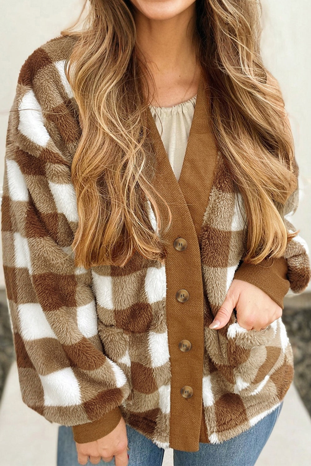 Dear-Lover Brown Checkered Sherpa Cardigan For Cozy Chic