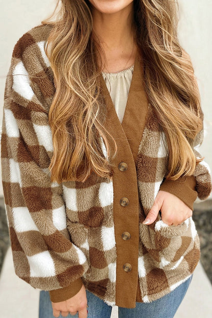 Dear-Lover Brown Checkered Sherpa Cardigan For Cozy Chic