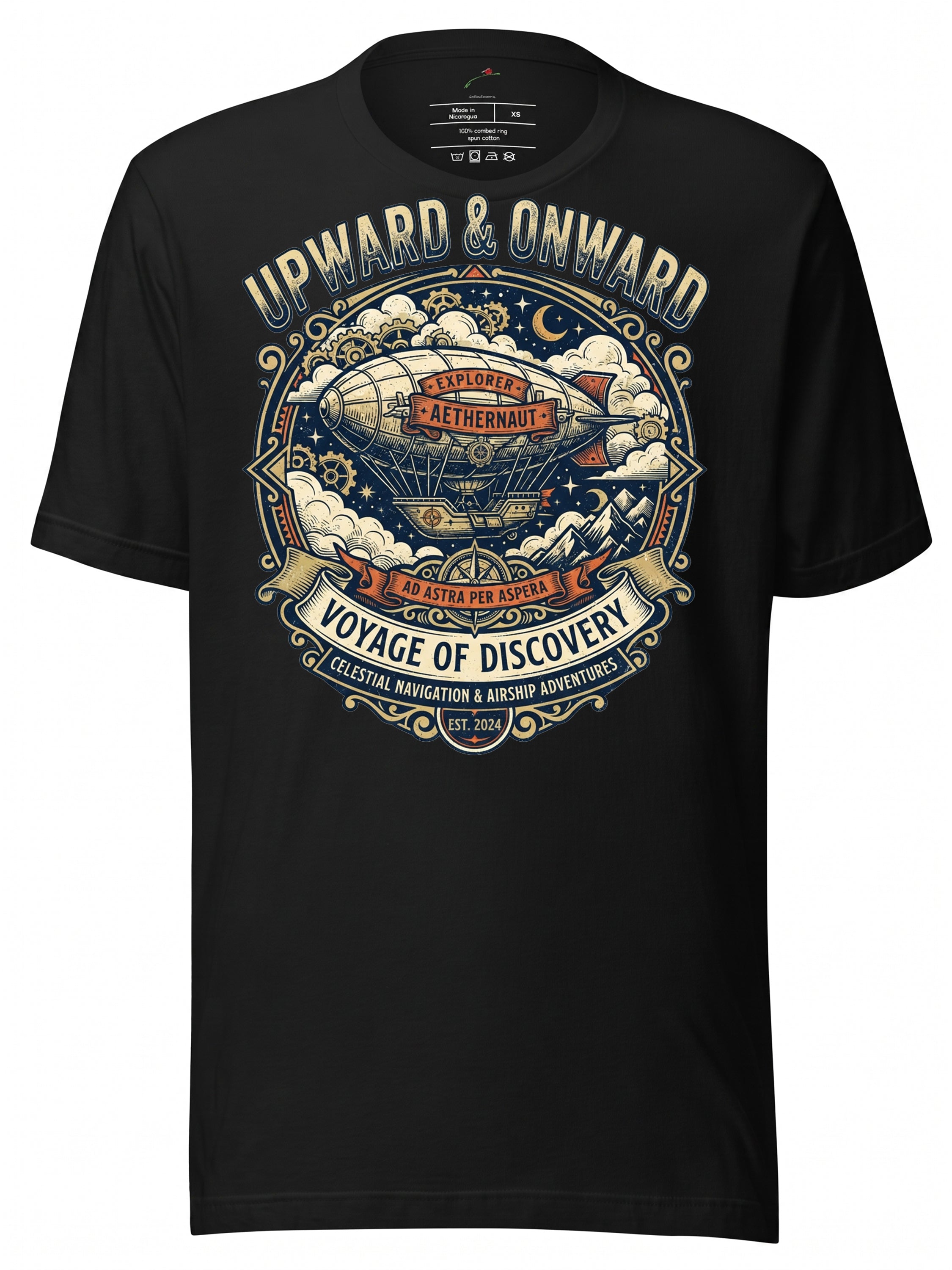 Black graphic tee clothing featuring 'Upward & Onward' design with celestial navigation theme
