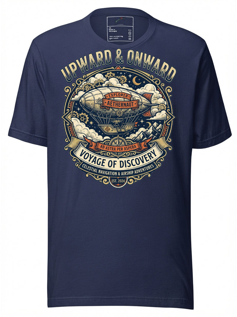 Navy graphic tee clothing featuring whimsical voyage of discovery design with celestial elements