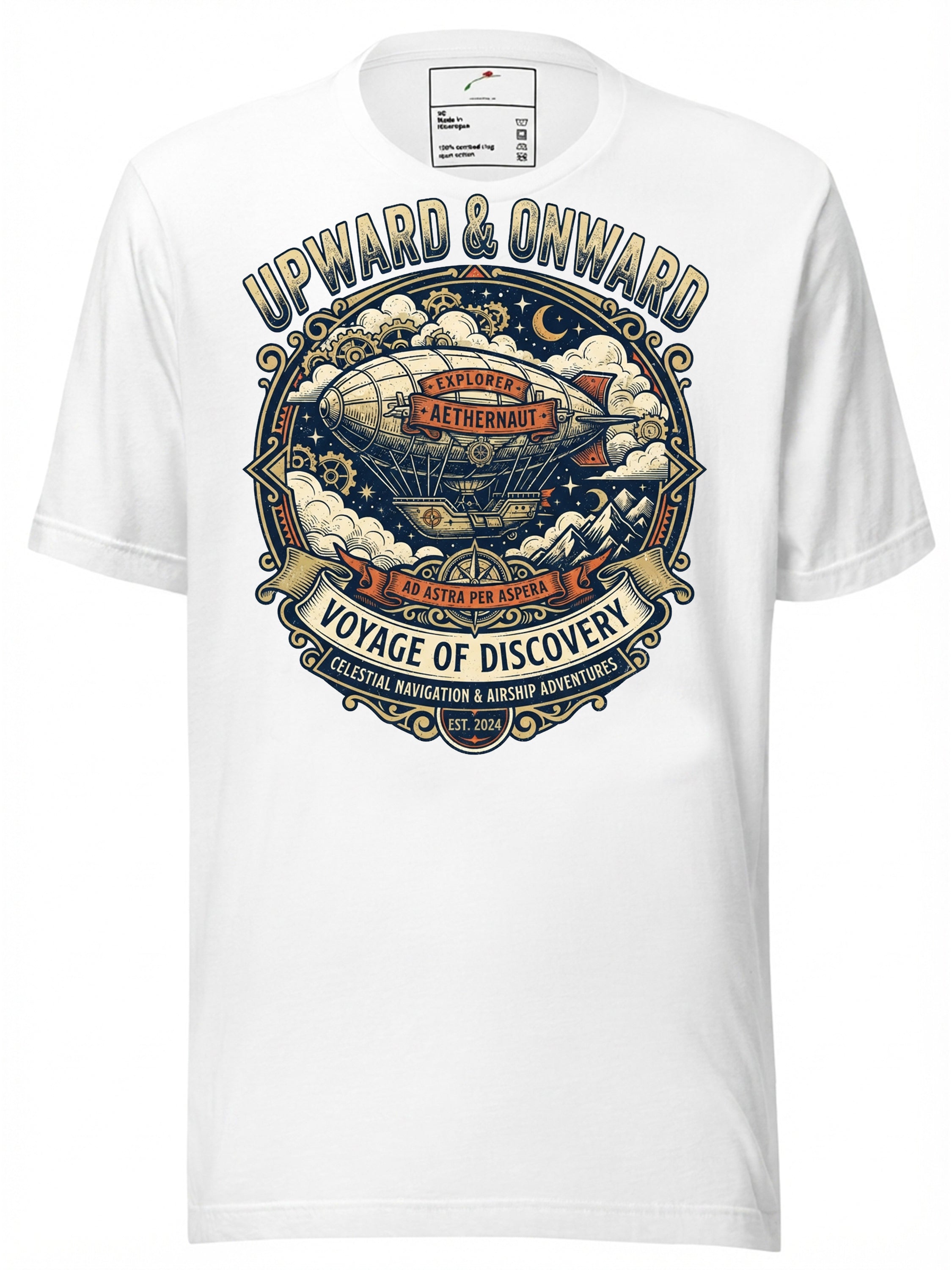 LuckeLadybug Graphic Tee Clothing featuring 'Upward & Onward' design with celestial exploration theme