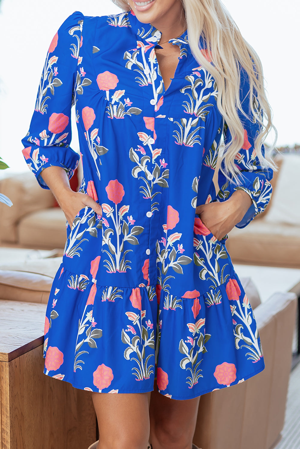 Blue Floral Print Dress Ruffle Hem