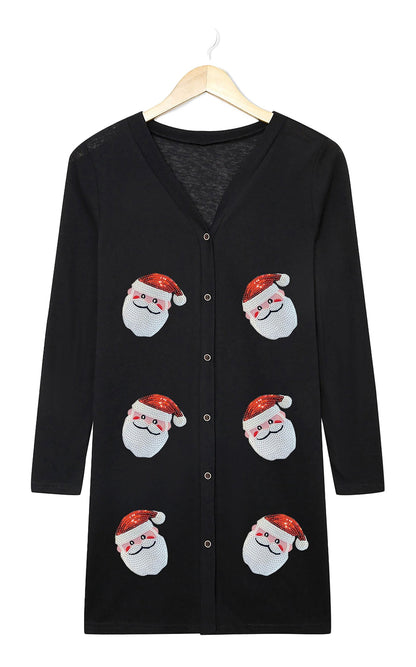 Black Sequined Santa Cardigan For Trendy Style