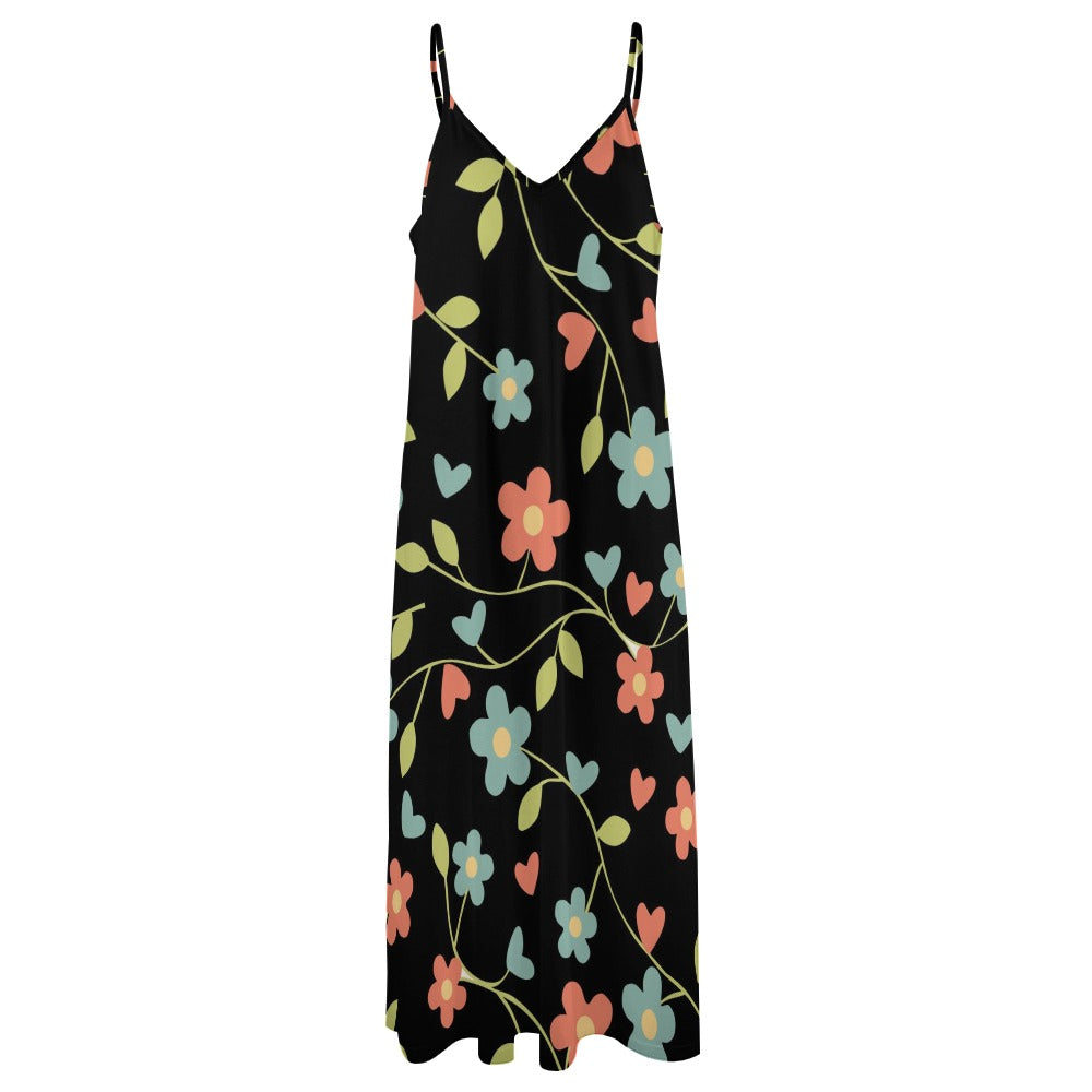 Sling Ankle Long Dress Black Floral Print Women'S Dress