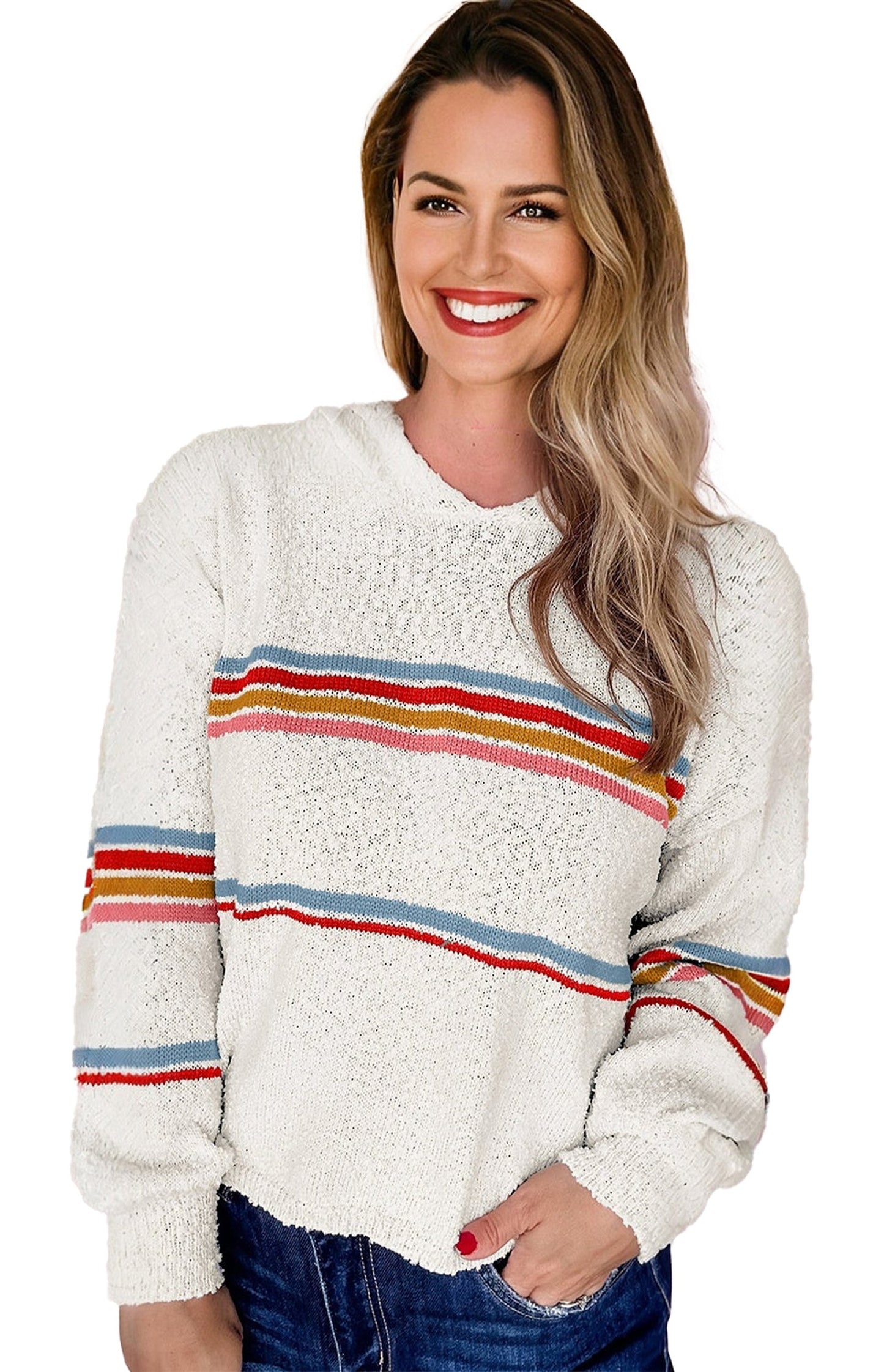 White Popcorn Sweater With Hood