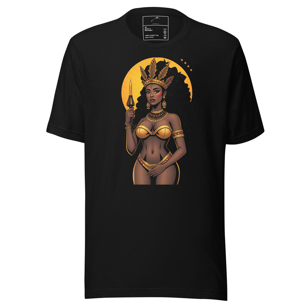 Black African goddess fashion tee with golden crown and jewelry graphic print on front