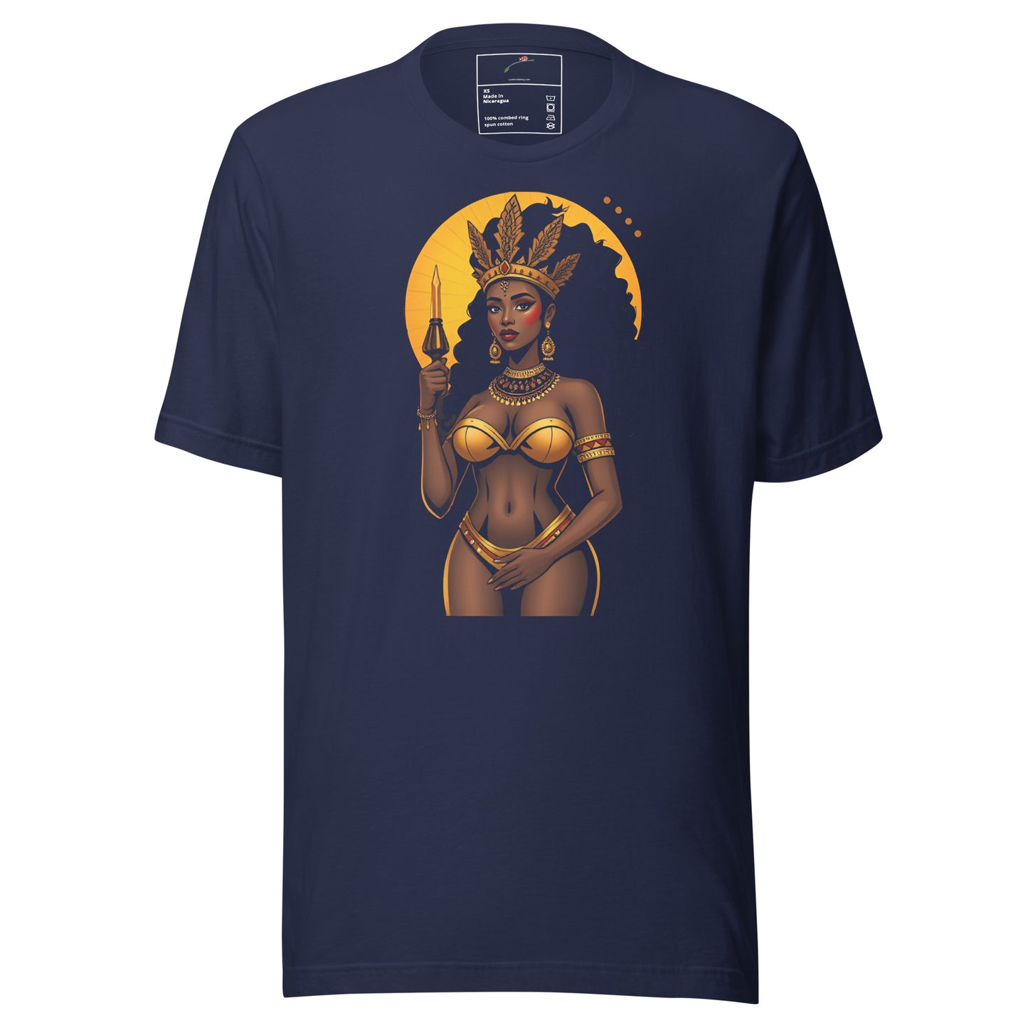 Navy blue African goddess fashion tee featuring a regal woman with golden jewelry and headpiece