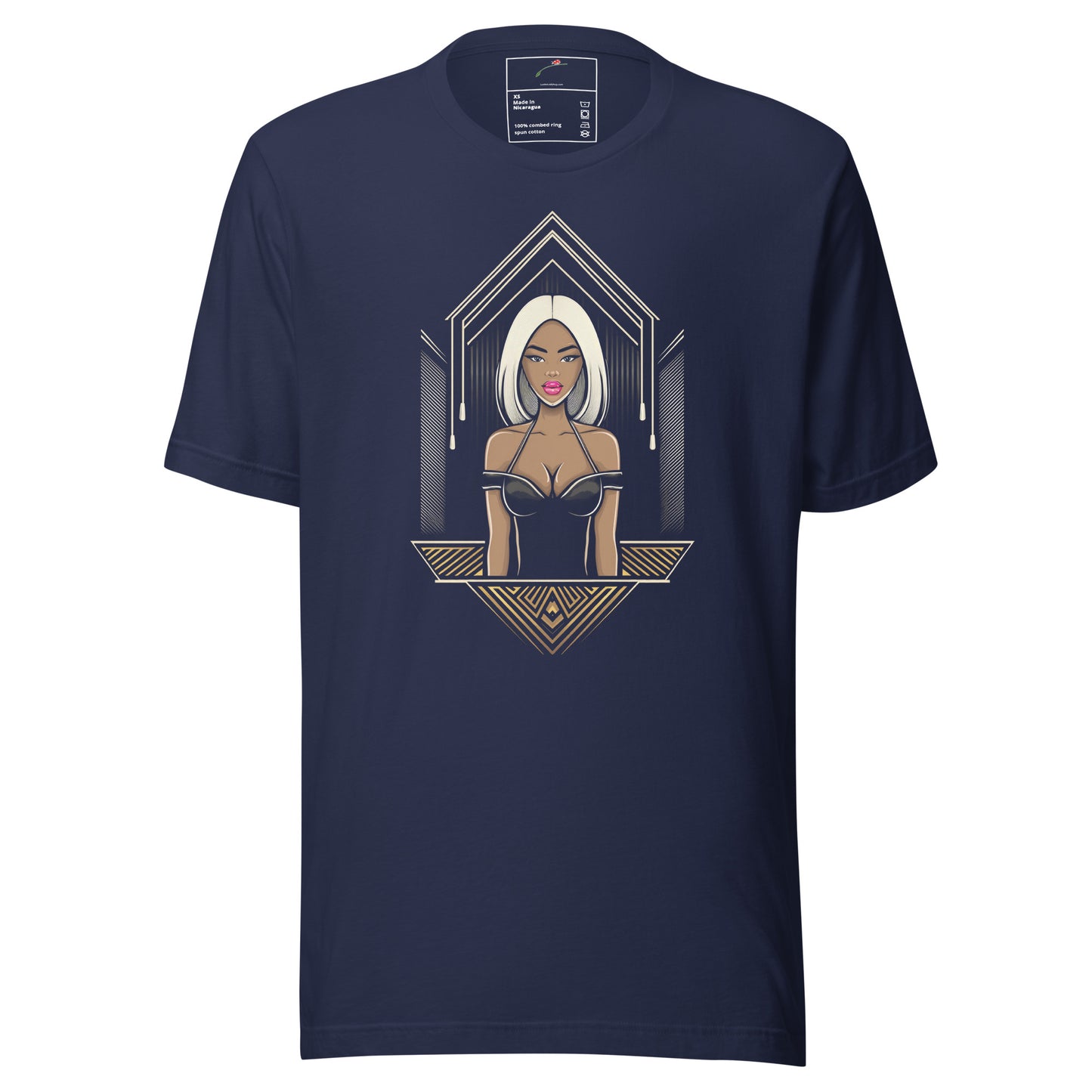 LuckeLadybug African Goddess T-Shirt with artistic geometric design on navy blue fabric