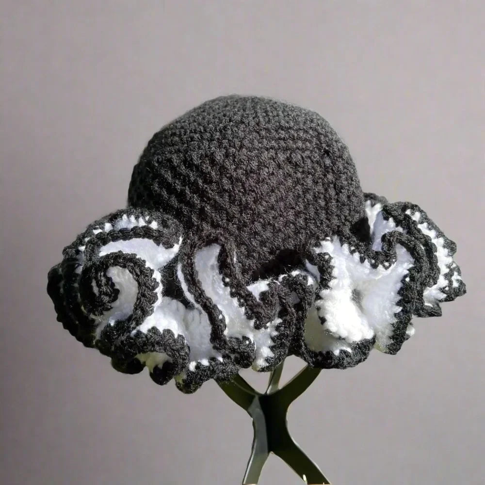 Handcrafted Ruffle African Hat in Dark Gray and White by ThreadsByHannah with Decorative Edge