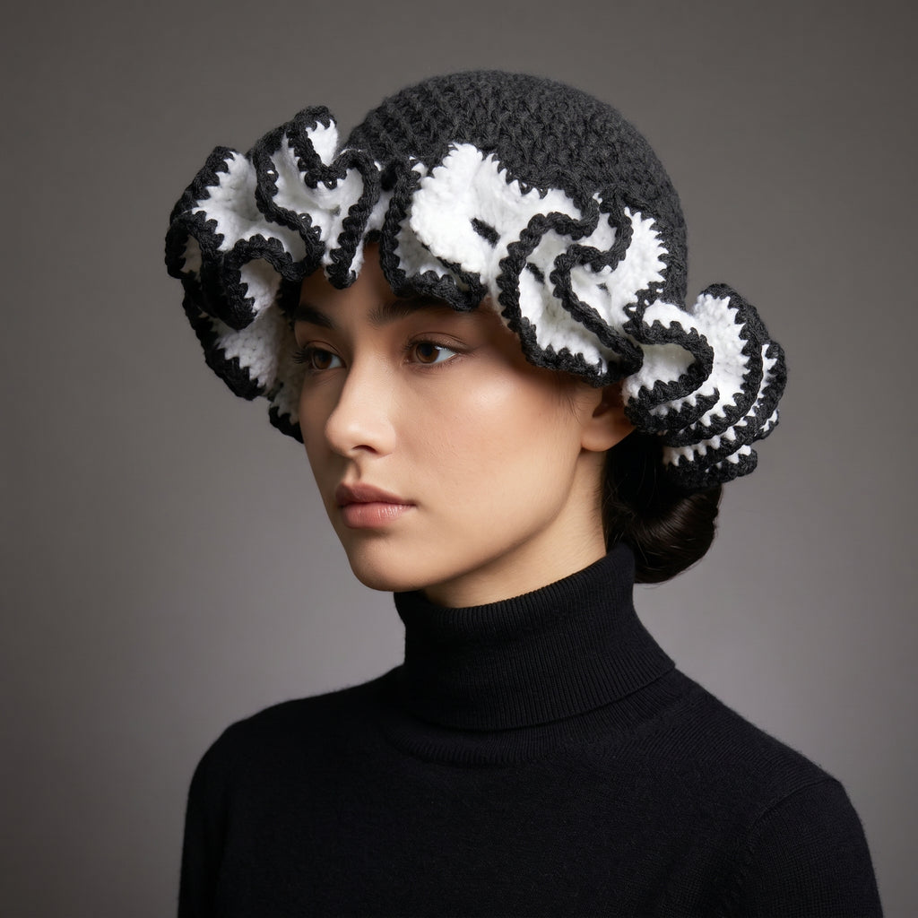 Stylish black and white ruffle African hat by ThreadsByHannah with unique crochet design