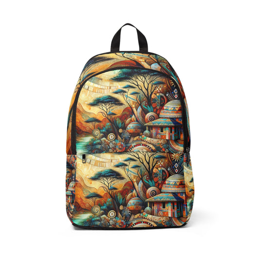 African inspired backpack by LuckeLadybug featuring colorful tribal patterns and village scene design
