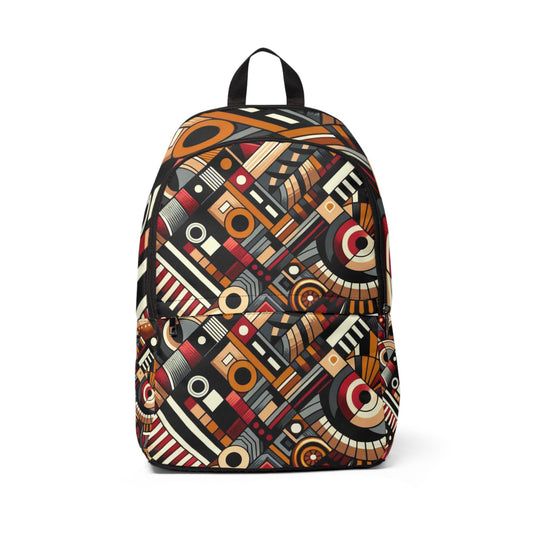 African inspired backpack by LuckeLadybug with vibrant geometric patterns in warm colors