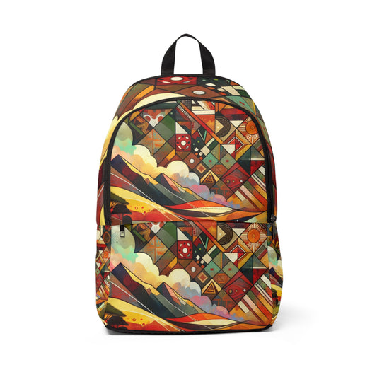 LuckeLadybug African inspired backpack with colorful geometric and mountain pattern design