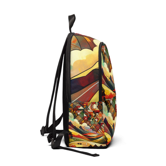 Side view of LuckeLadybug African inspired backpack with colorful abstract patterns and adjustable black straps
