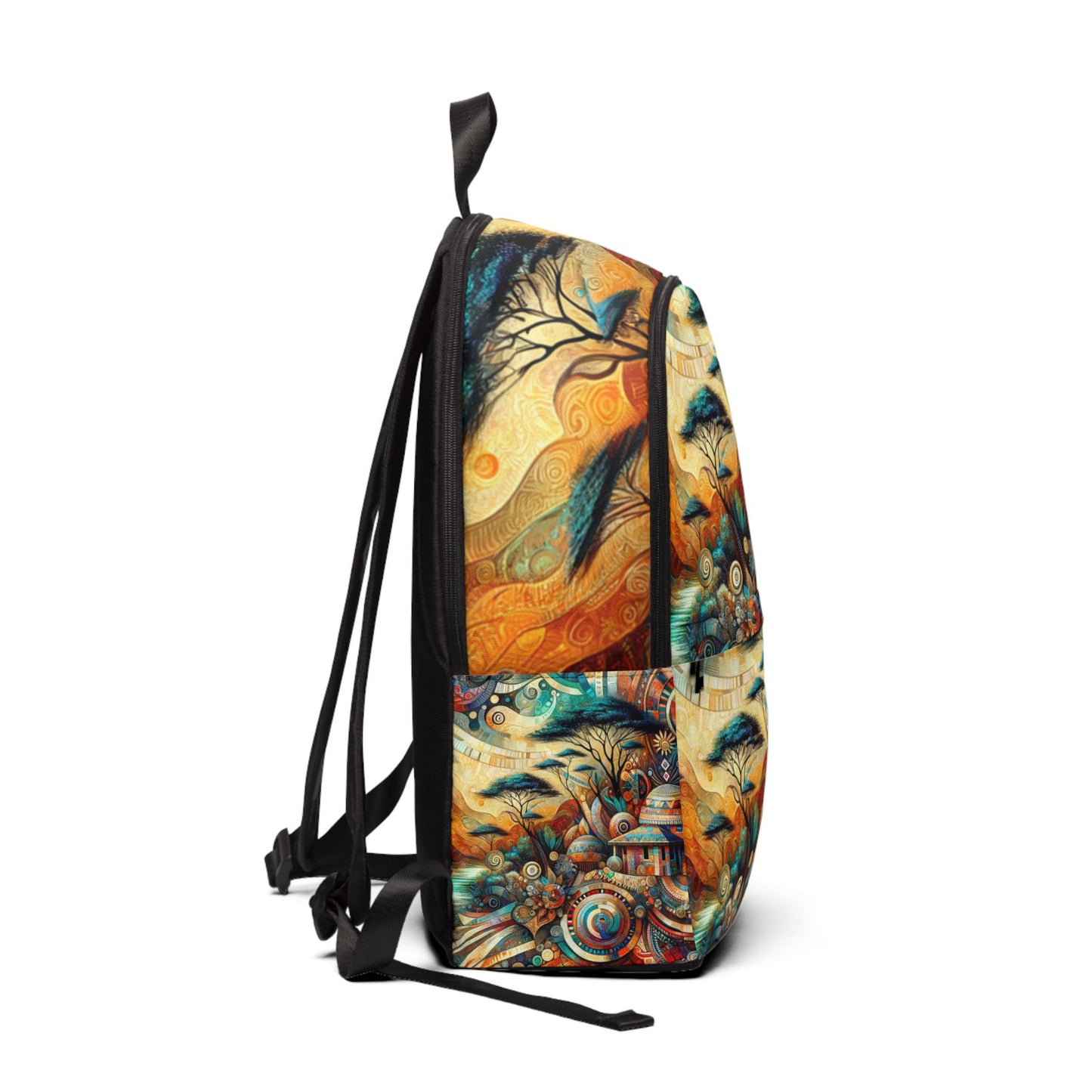 Side view of LuckeLadybug African inspired backpack with colorful abstract art and adjustable black straps