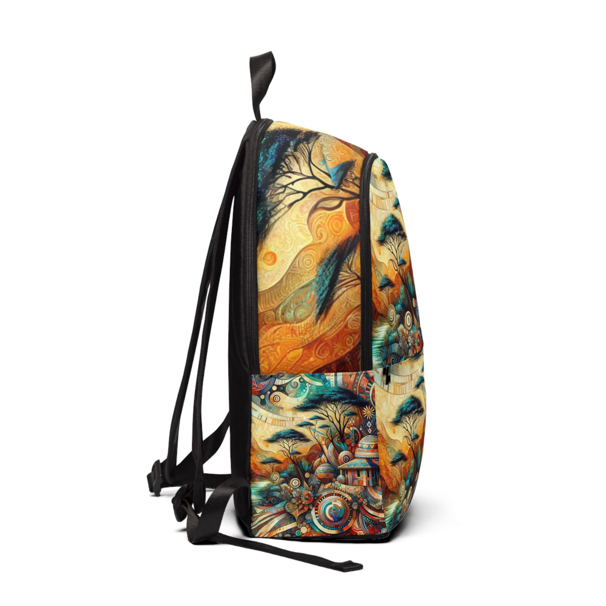 Side view of LuckeLadybug African inspired backpack with colorful abstract art and adjustable black straps