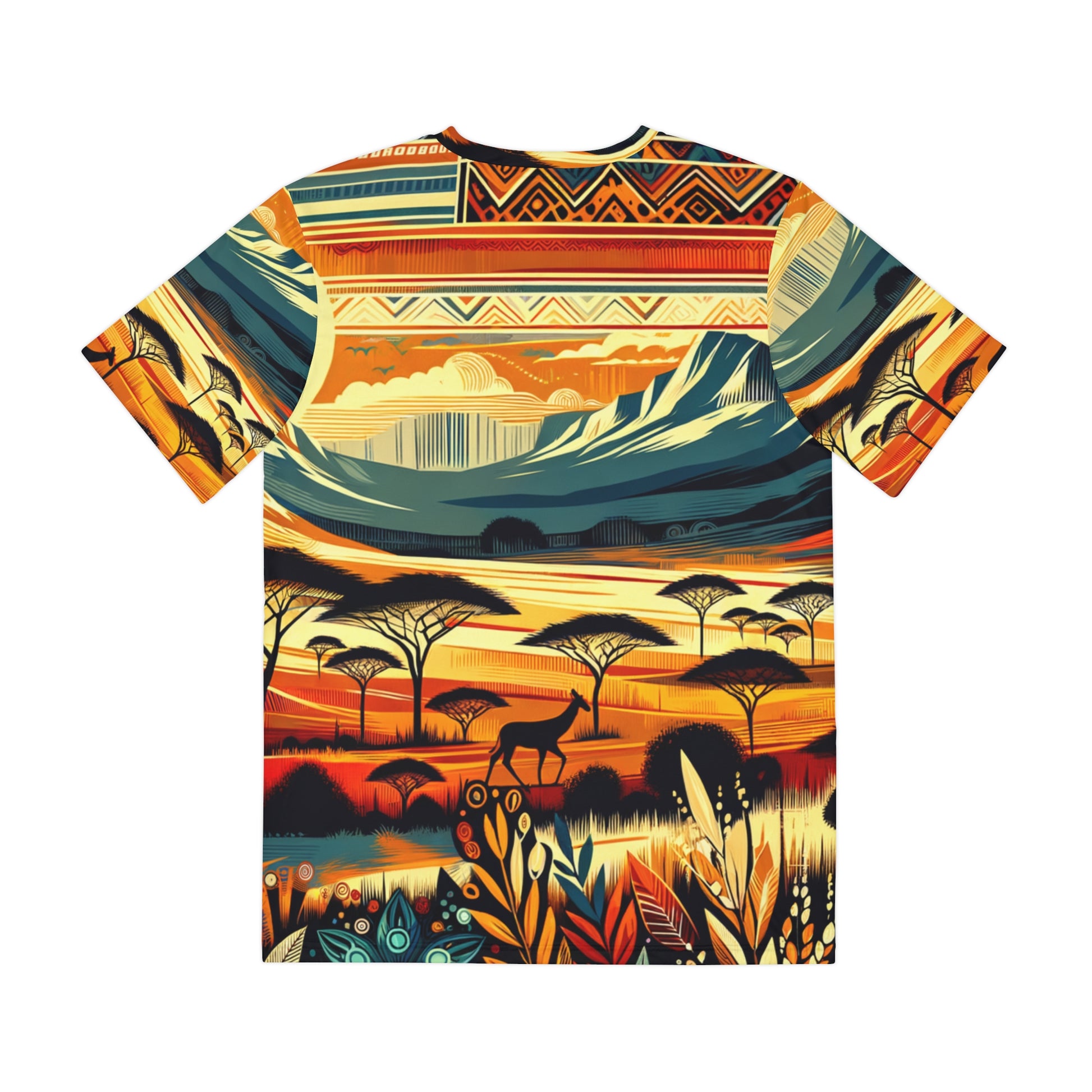 African inspired graphic t shirt for men featuring vibrant wildlife and mountain landscape design