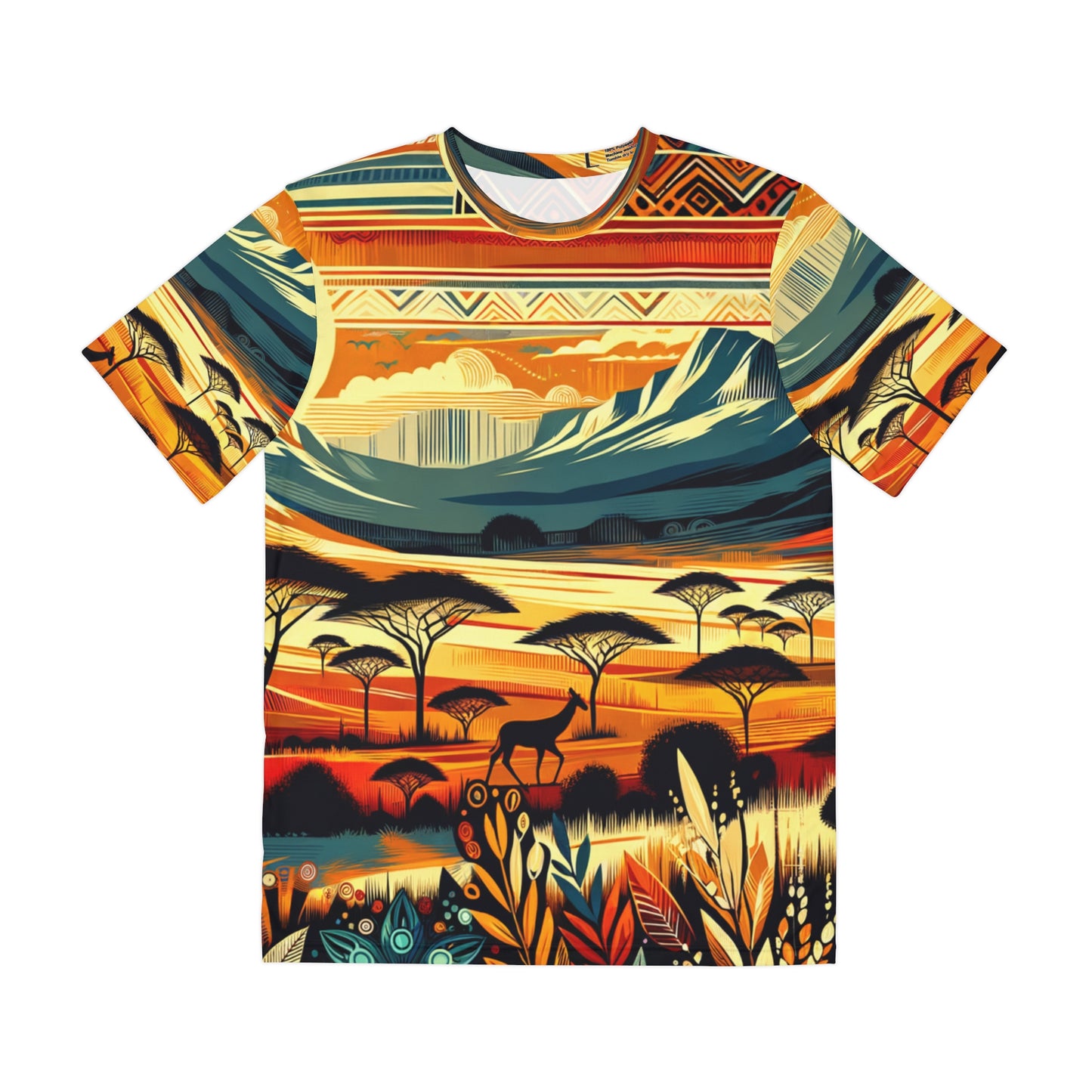 African inspired graphic t shirt for men featuring vibrant savanna landscape and wildlife design