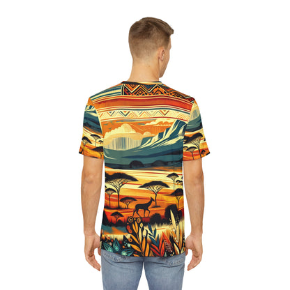 African inspired graphic t shirt for men with colorful sunset and wildlife design from LuckeLadybug