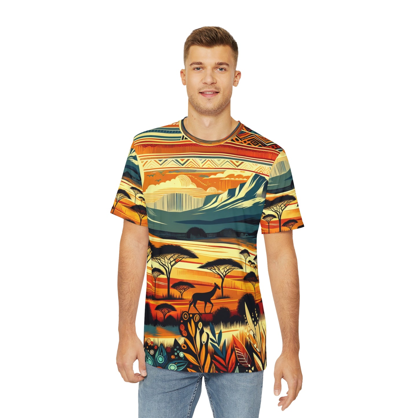African inspired graphic t shirt for men featuring vibrant sunset safari landscape with animals and tribal patterns
