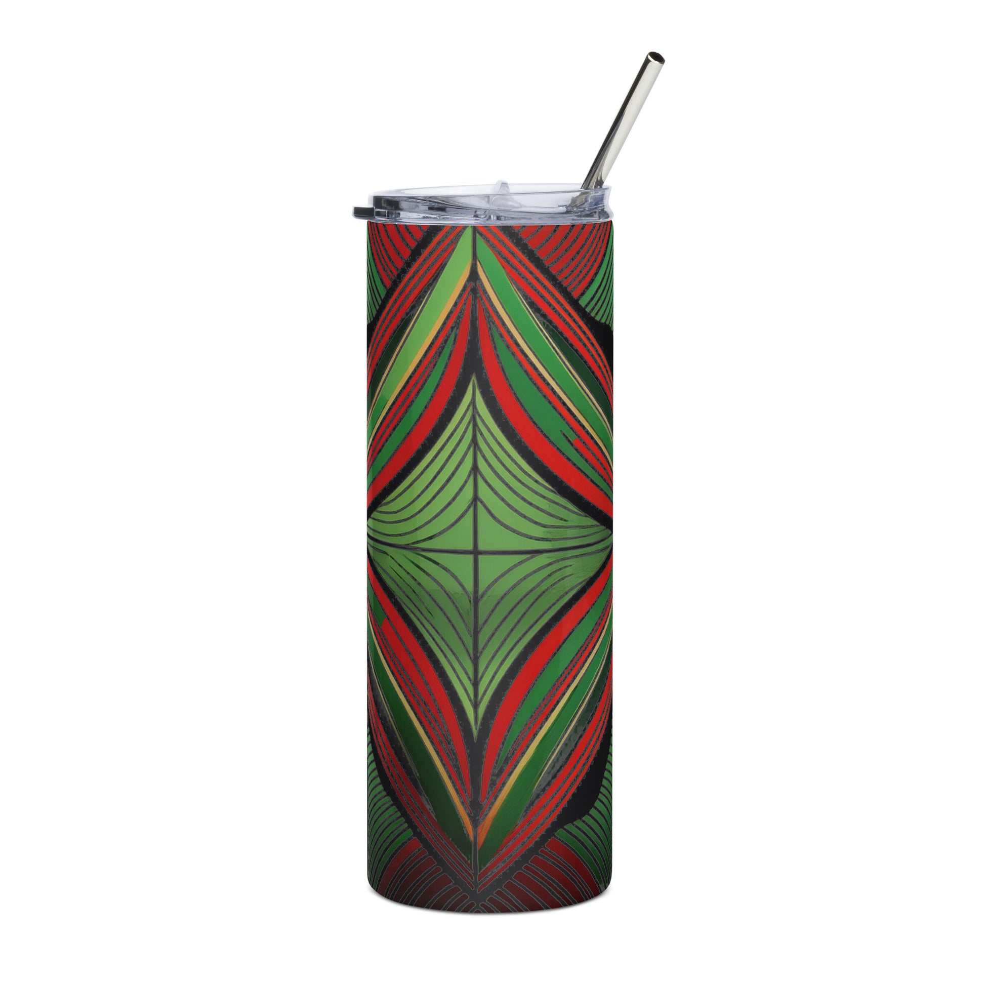 LuckeLadybug stainless steel African inspired tumbler with green red and black geometric pattern and metal straw