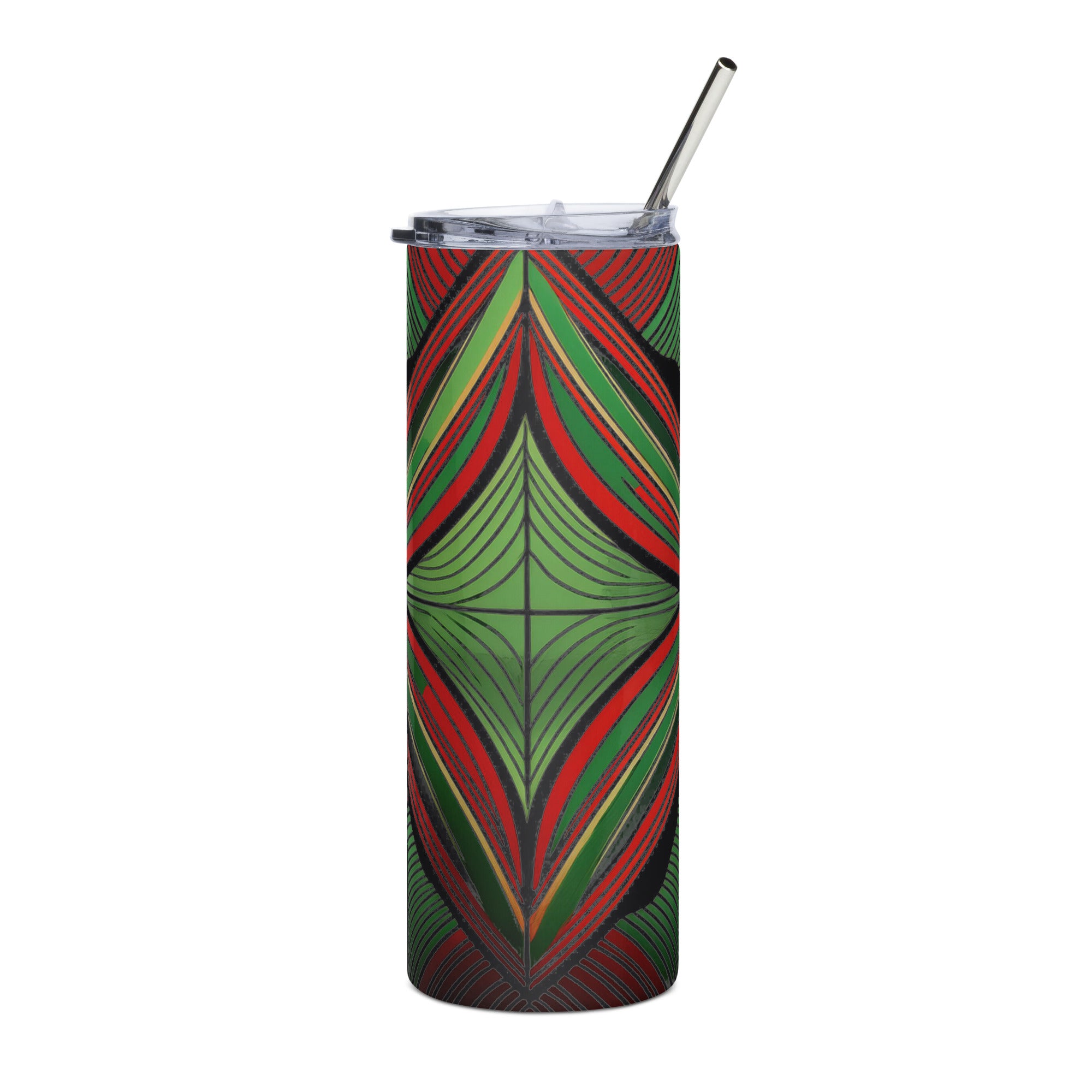 LuckeLadybug stainless steel African inspired tumbler with green red and black geometric pattern and metal straw
