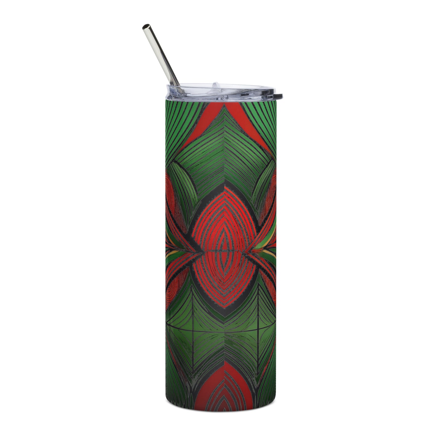 LuckeLadybug stainless steel African inspired tumbler with red and green geometric design and metal straw