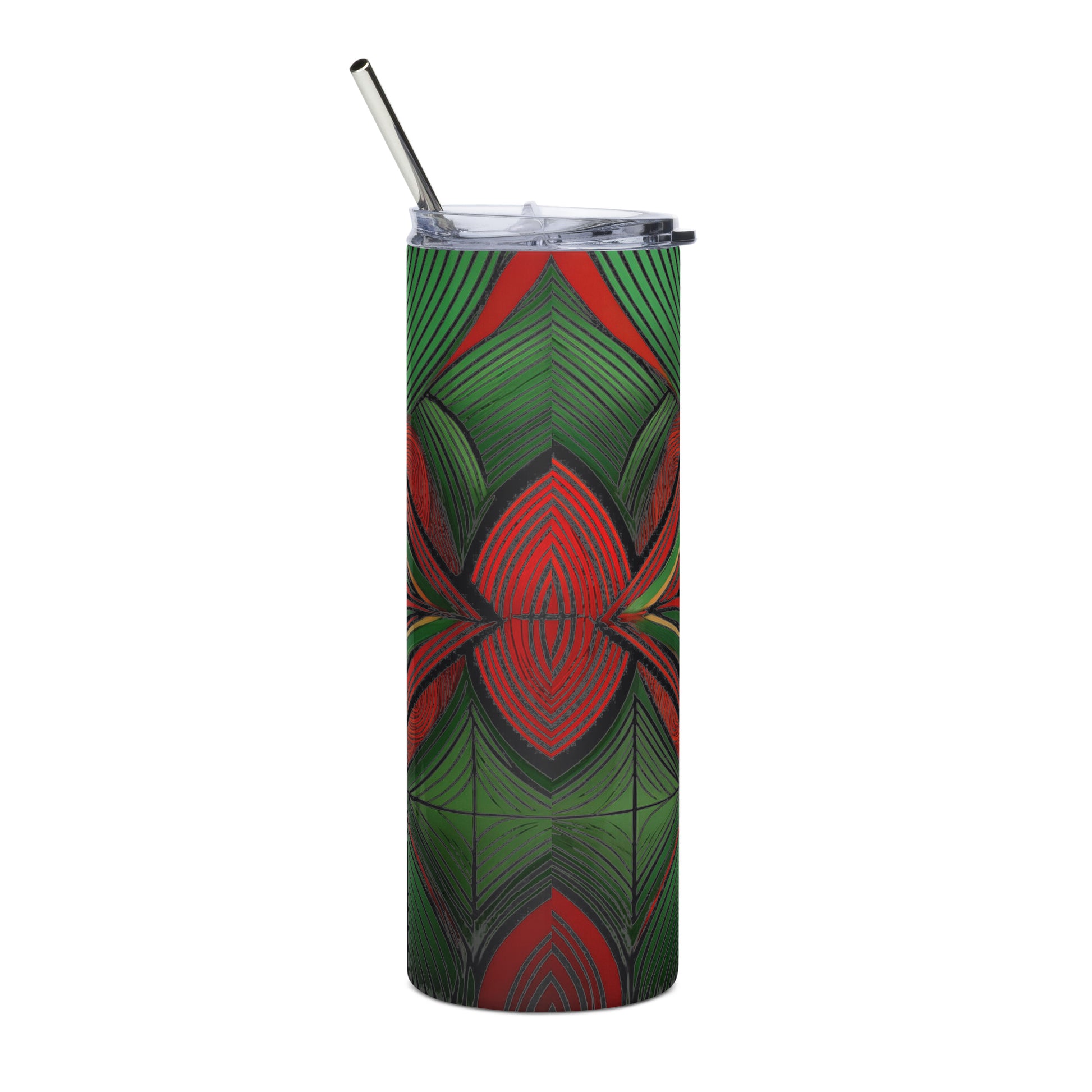LuckeLadybug stainless steel African inspired tumbler with red and green geometric design and metal straw