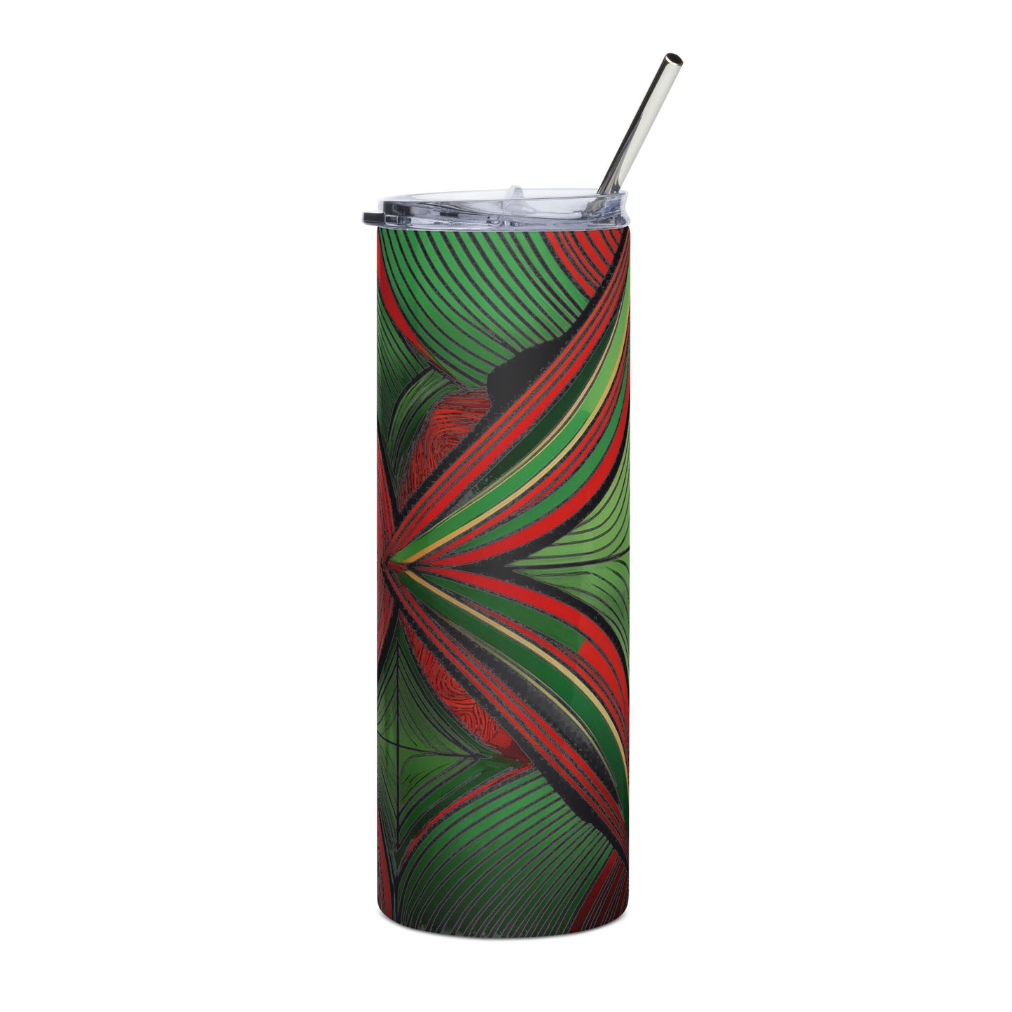 LuckeLadybug stainless steel African inspired tumbler with green and red abstract pattern and metal straw